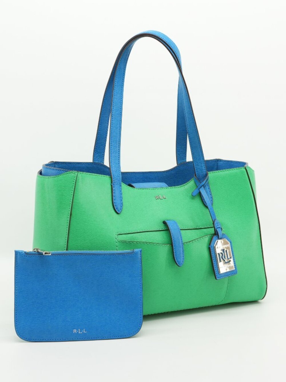 Ralph Lauren Satchel Green Blue Leather Davenport Tote Bag